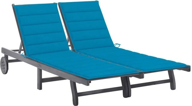 vidaXL 2-Personen-Sonnenliege aus Akazien-Massivholz mit blauer Auflage in Grau - Bild 1
