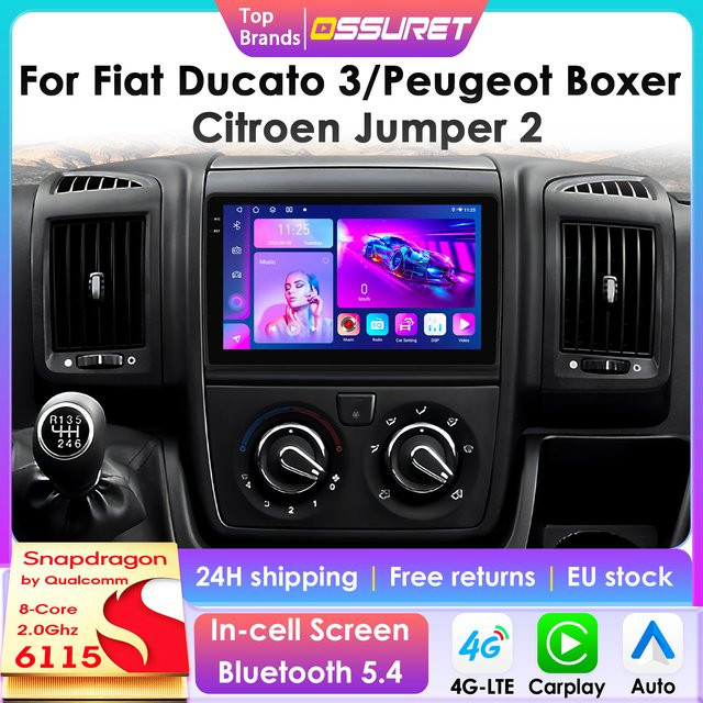 OSSURET CarPlay Android 13 Autoradio mit GPS und Video Player für Fiat Ducato 3, Citroen Jumper 2 und Peugeot Boxer 2 in Schwarz - Bild 1