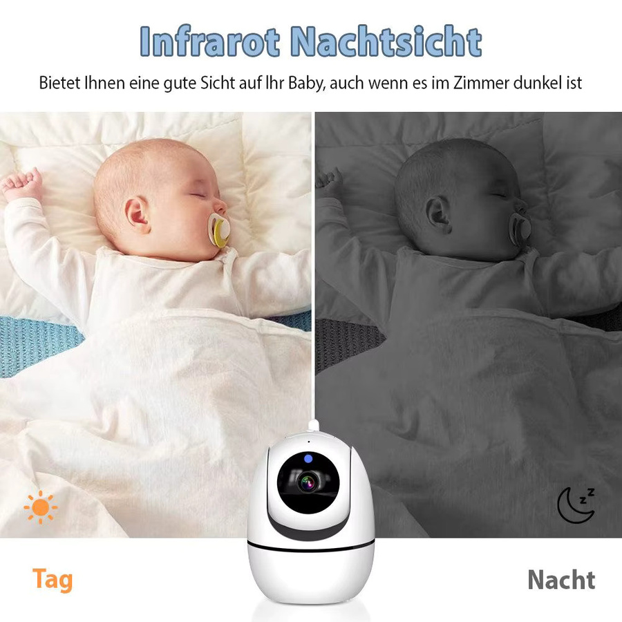 Babyphone mit Kamera 720P HD, 5 Zoll LCD, 355 Grad schwenkbar, Nachtsicht, Zwei-Wege-Audio und VOX-Modus, Weiß, Reichweite 300 m - Bild 2