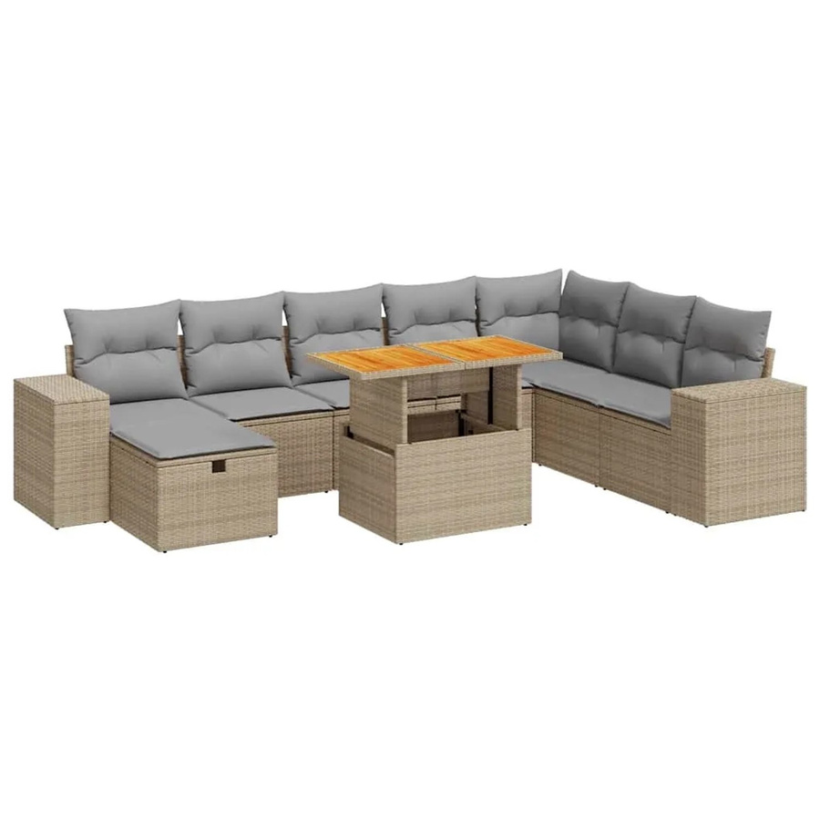 vidaXL 9-tlg. Garten-Sofagarnitur in L-Form aus Polyrattan und Akazie mit Kissen, Beige/Grau - Bild 2