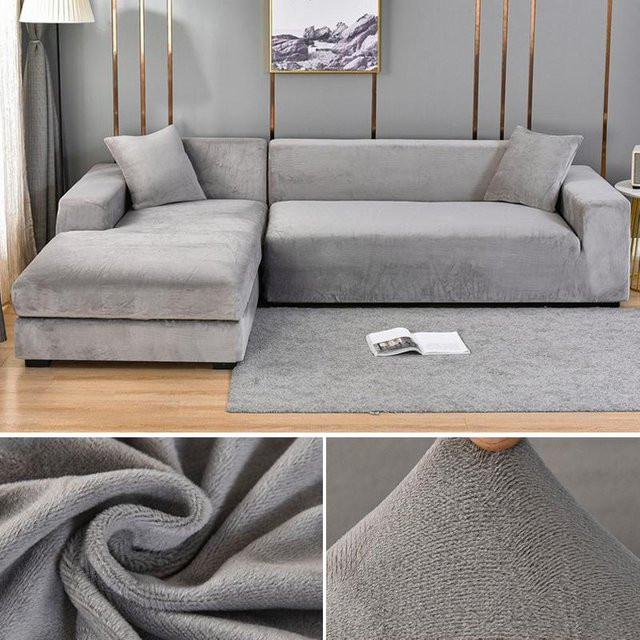 Elastischer Samt-Sofabezug von Your Warm Home für Ecksofas, grau, 2-Sitzer, Breite: 145-185 cm - Bild 1