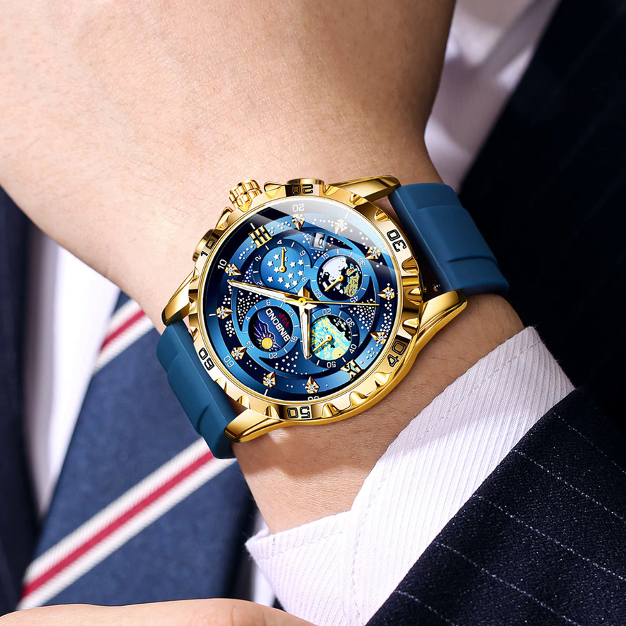BINBOND Chronograph, Quarz, Blau, Gold, Silikon, Herren - Bild 4