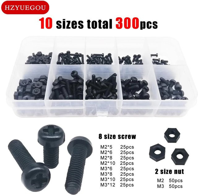 HZYUEGOU Nylon Kunststoff Sortiment Set mit isolierten Phillips Pan Rundkopf Bolzen Schrauben und Muttern in Schwarz, 300 Teile, M2 und M3 Mix - Bild 1