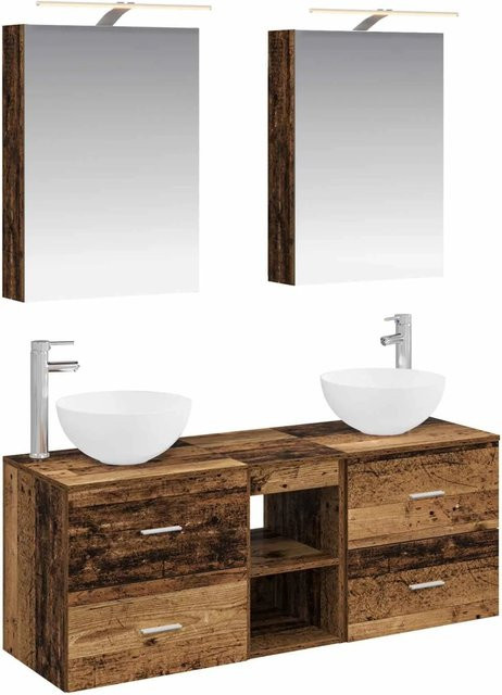 vidaXL Badezimmermöbel-Set 5-teilig aus Altholz und Glas in Braun mit LED-Beleuchtung und Spiegelschrank - Bild 1