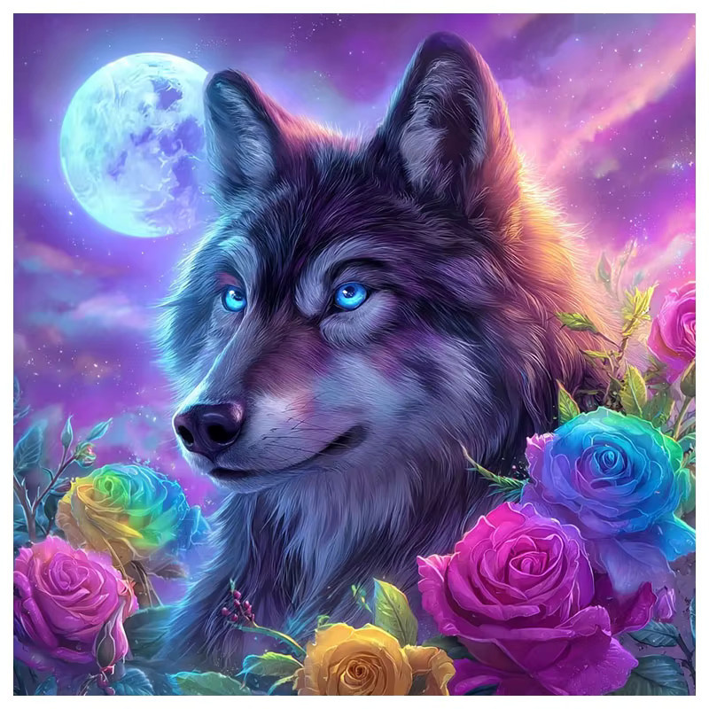 HUACAN Diamant-Kunstgemälde Wolf und Rosenblüten als Diamant-Mosaik-Set mit Strass-Steinen in Multicolour, B/H: 20 x 20 cm - Bild 5