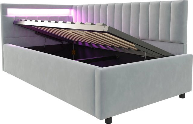Merax Schlafsofa aus Samt in Hellgrau mit LED-Unterbettbeleuchtung und Hydraulik-Lift-Funktion, B/T/H: 90 x 200 x 34 cm - Bild 1