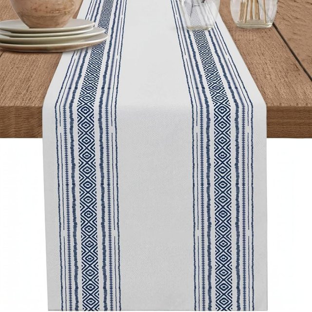 Boho Tischläufer JMG Household Supplies mit blau-weißen geometrischen Streifen in Grau, B/H: 150 x 33 cm - Bild 1