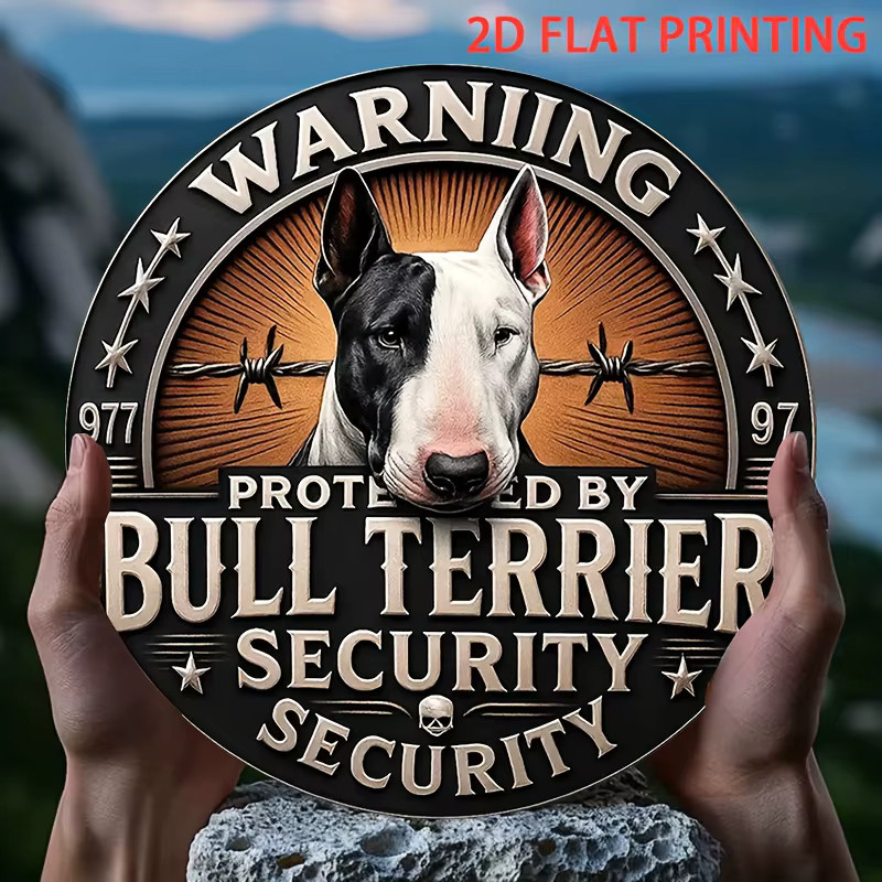 Bullterrier Warnschild Wanddekoration im Vintage-Stil von Potdemiel, rundes Metallschild mit Bullterrier-Porträt und Drahtgeflecht-Hintergrund, mehrfarbig, Durchmesser: 20 cm - Bild 4