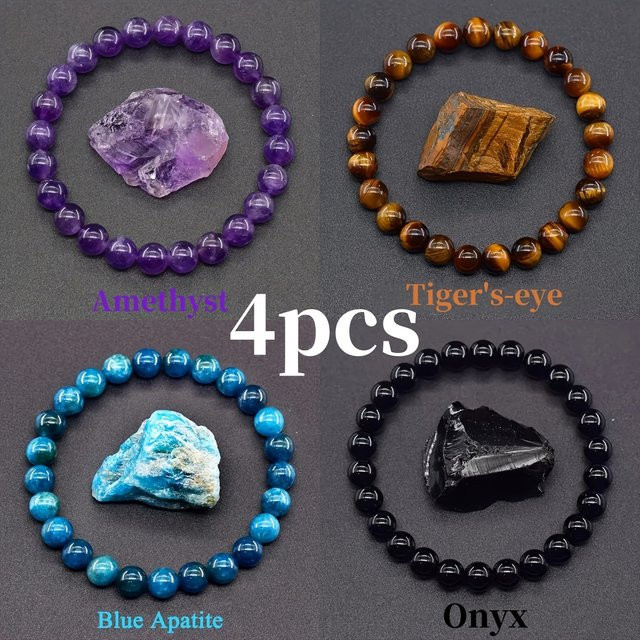 Armband-Set, Amethyst, Tigerauge, Obsidian, blauer Apatit, Perlen, Bunt, Unisex - Bild 1
