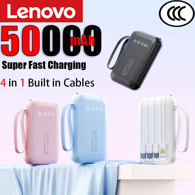 Lenovo 4-in-1 Powerbank mit integrierten Kabeln und LED-Digitalanzeige in Blau, 10000 mAh - Bild 1