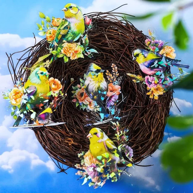 10 Stück Dekorative Aufkleber mit Blumen und Vögeln wie Eule und Goldfinch in Multicolour und Blau, B: 11,7 cm, H: 8,5 cm - Bild 1