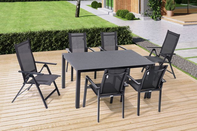 OUTFLEXX Garten-Essgruppe in Anthrazit mit Tisch und 6 Stühlen aus Alu, Spraystone und Textil, B/T: 160 x 95 cm - Bild 1