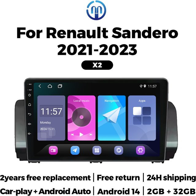 NaviFly Android 14 Multimedia Autoradio mit Wireless CarPlay, GPS und Bluetooth für Renault Sandero 2021-2023, 2din Head Unit, Schwarz - Bild 1