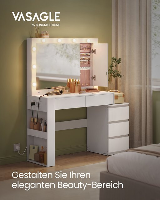 VASAGLE Schminktisch in Weiß mit LED-Beleuchtung, Spiegel und integrierter Steckdosenleiste im modernen Hollywood-Stil - Bild 1