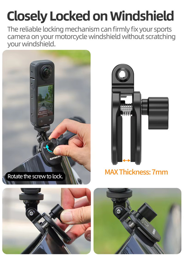 SZKOSTON Motorrad-Windschutzscheiben-Clip-Halterung für Action Cameras in Schwarz, kompatibel mit GoPro 13 12 11 10 9 8 7, DJI OSMO Action 4 5 Pro, Insta 360 X5 X4 Go 3S und ACE Pro 2 - Bild 3