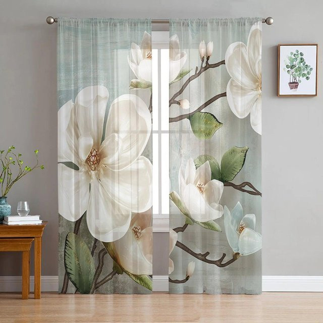 A Family Of Home Textiles Transparentes Tüll-Vorhang Set mit weißem Blumen-Vintage-Design, 2er-Pack, Breite: 135 cm, Höhe: 114 cm - Bild 1