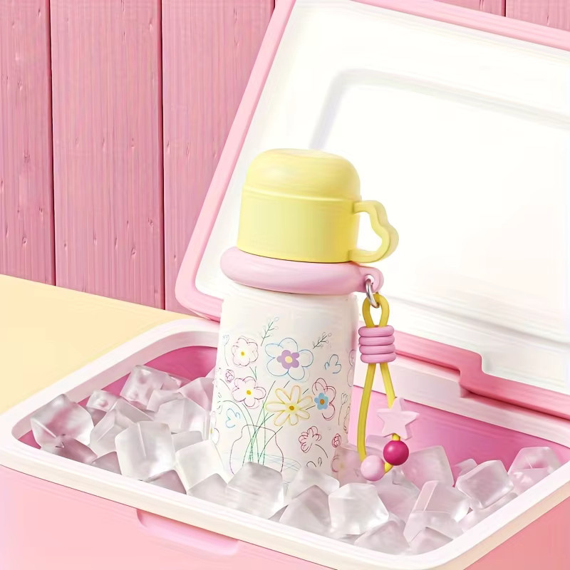 VRIUKNT Isolierter Edelstahlbecher mit 3-Wege-Trinkfunktion und tragbarem Umhängeband, 500 ml, Gelb oder Pink - Bild 2