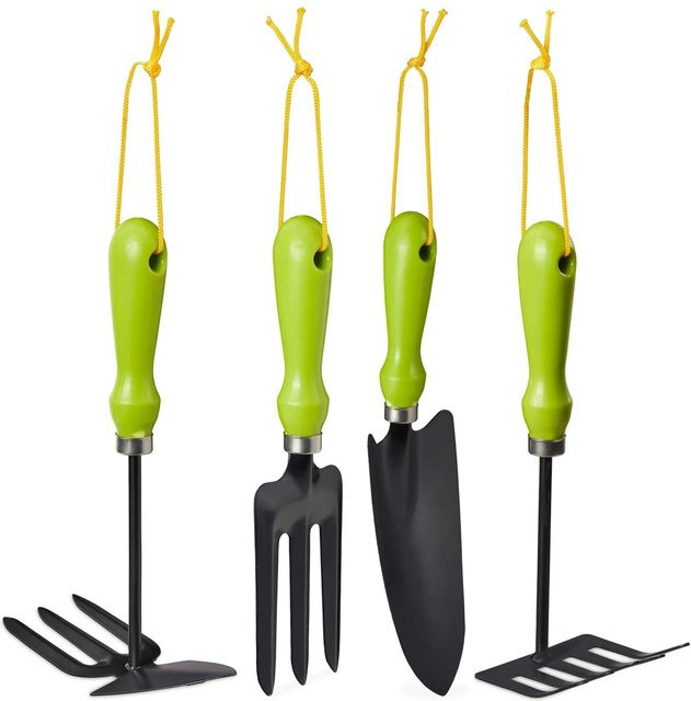 Relaxdays Gartenwerkzeug Set aus Eisen und Kunststoff, vierteilig mit Aufhängung, B/T/H: 27,5 x 8 x 3,5 cm - Bild 1