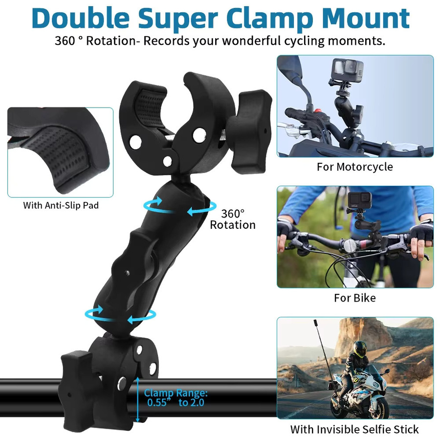 Erchang Motorrad-Montagesatz mit Doppelklemm-Lenker-Selfie-Stick für Insta360 X5 X4 X3 X2 RS und DJI GoPro, Schwarz - Bild 4