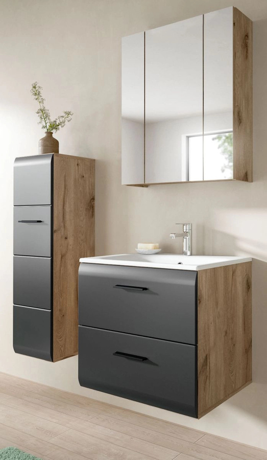 Badmöbel Set Cover 3-teilig in Schwarz und Eiche mit Waschtischunterschrank, Spiegelschrank mit LED-Beleuchtung und Seitenschrank, Breite: 105 cm - Bild 1
