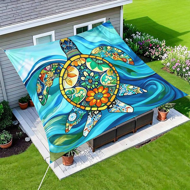 Schildkröten-Blumen-Geometrie Markise für den Außenbereich und Strand mit UV-Schutz, Grün/Mehrfarbig, Breite: 150 cm - Bild 1
