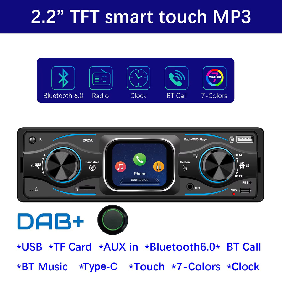 ESSGOO 1DIN MP3 Autoradio mit 2,2 Zoll TFT-Touchscreen, Bluetooth 6.0, Freisprecheinrichtung, USB, AUX, Typ-C und 7 Beleuchtungsfarben in Schwarz - Bild 4