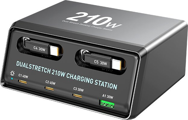 ILEPO 6-in-1 Ladestation Power Combo Tower mit 210 W Schnellladegerät und einziehbarem USB-C-Kabel in Schwarz - Bild 1