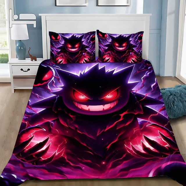 Bettwäscheset Binchi Fitness mit Cartoon Böse Gengars Motiv in Lila, 3-teiliges Set aus Bettbezug und Kissenbezügen aus Mikrofaser, Breite: 264 cm, Tiefe: 228 cm - Bild 1
