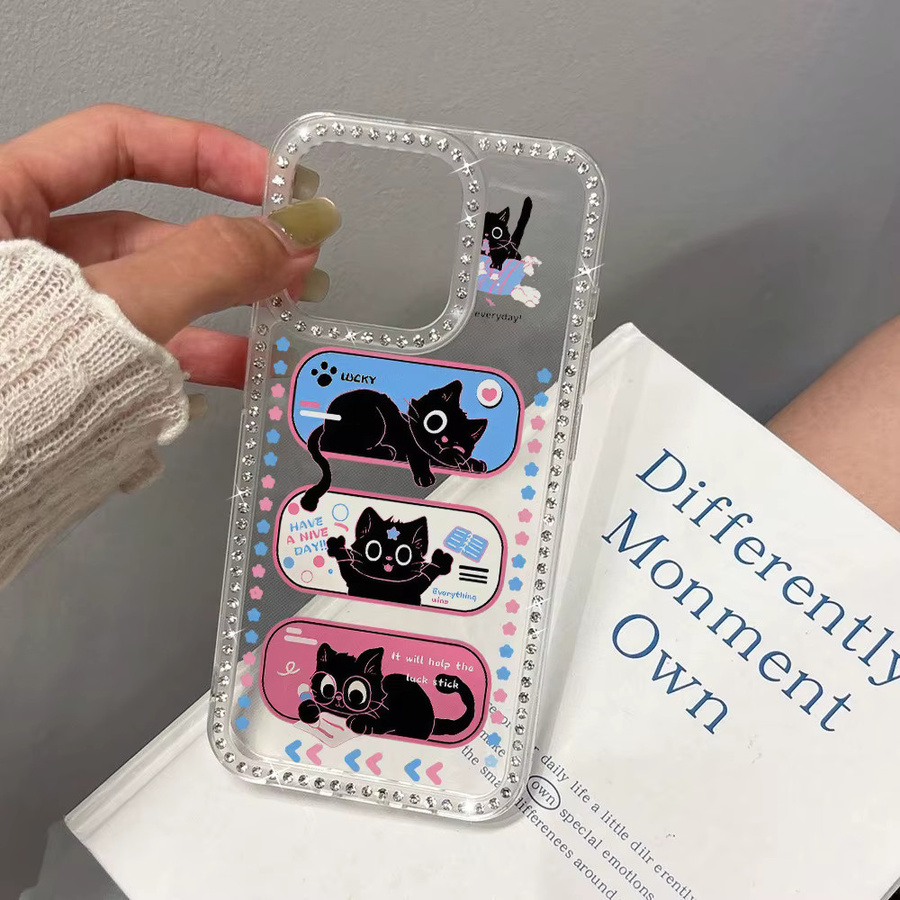 Bling Diamond Handyhülle für iPhone 17 Pro Max 16 15 14 13 12 11 Air mit schwarzer Katze, stoßfeste Silikonhülle, Schwarz/Transparent - Bild 3