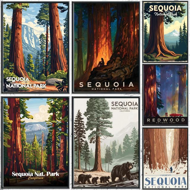 Natural Art Sequoia National Park Poster Wandkunst aus Papier, Vintage Landschaftsmotiv, Mehrfarbig, B: 20 cm, H: 15 cm - Bild 1