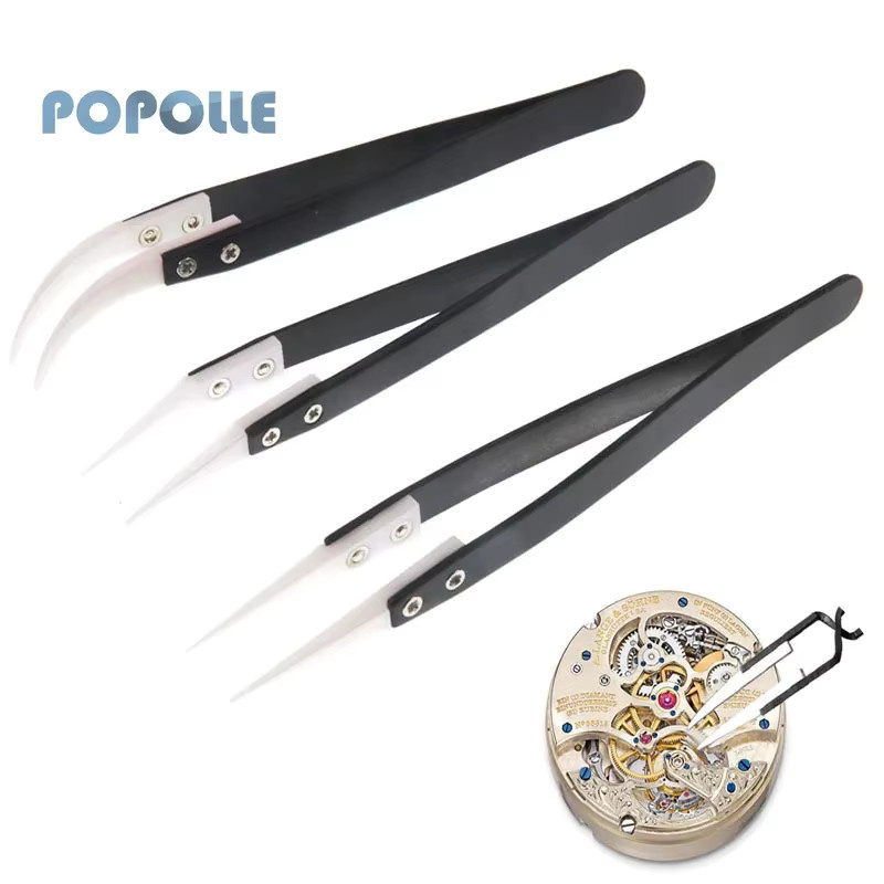 Popolle 3-teiliges Set Präzisionspinzetten aus Keramik und Edelstahl, antistatisch, gerade und gebogen - Bild 3