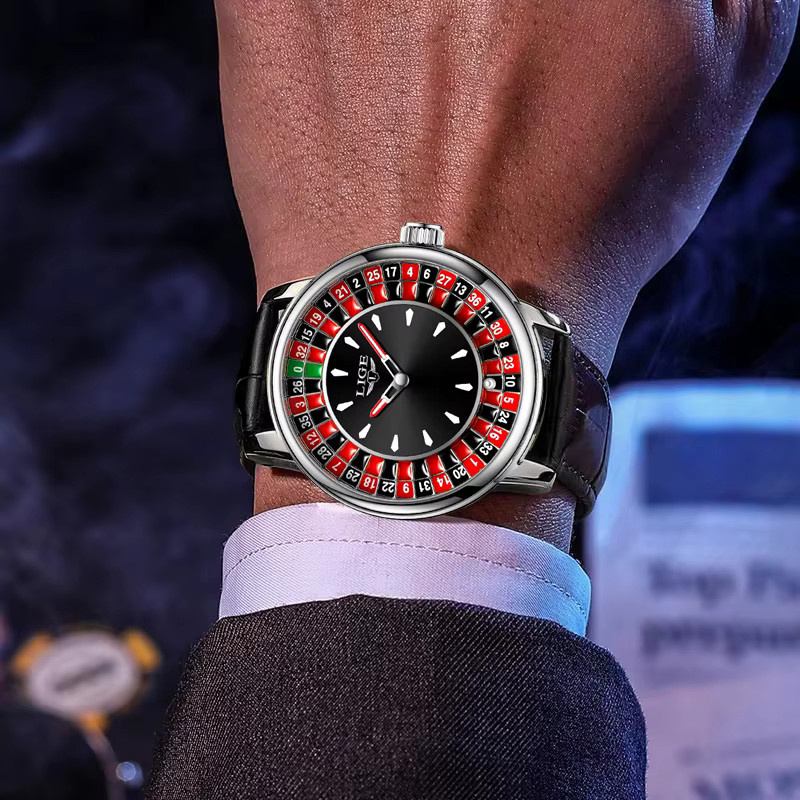 LIGE Armbanduhr Quarz, Roulette-Spielzifferblatt, Leder, Schwarz, Herren - Bild 4