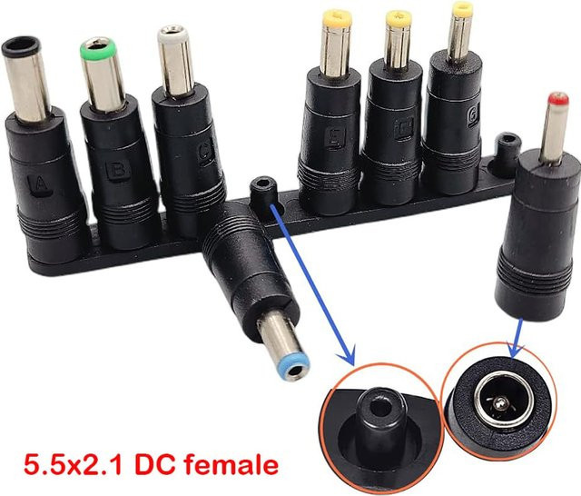 8-teiliges AC/DC Buchsenadapter-Set in Schwarz mit 5,5x2,1 mm Buchse und verschiedenen Steckergrößen von 1,35 mm bis 6,3 mm - Bild 1