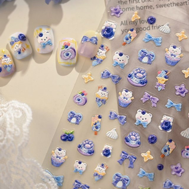 Rhstoe Nagelkunst-Aufkleber, 5D Blau-Weißer Bär, Blaubeer-Cupcake, Katzenpfote - Bild 1