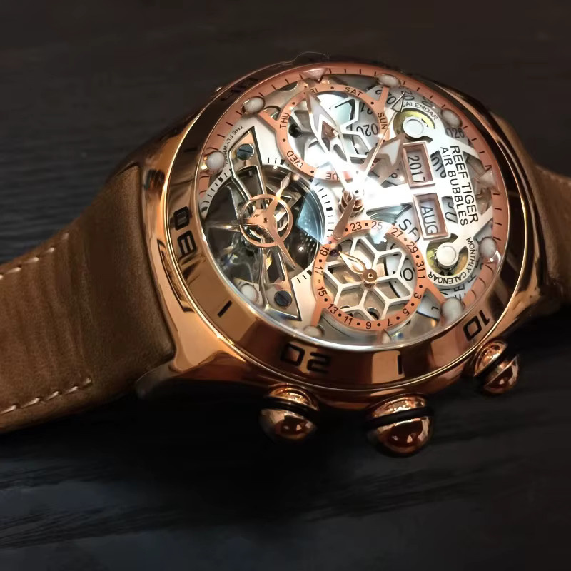 Reef Tiger Herrenuhr, Automatik, Roségold, Leder, Schwarz - Bild 4