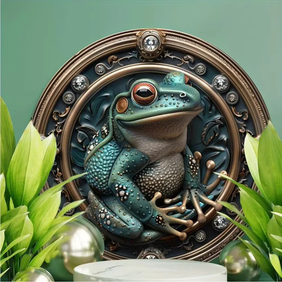 Potdemiel Wandkunst aus Metall mit Froschmotiv im Art-Deco-Stil, rundes Aluminiumschild, Mehrfarbig, Durchmesser: 20 cm - Bild 2