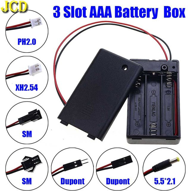 JCD 3-Slot AAA Batterie Aufbewahrungsbox mit Anschlusskabel in Schwarz mit PH2.0 XH2.54 SM DuPont und DC 5,5x2,1 Anschluss - Bild 1
