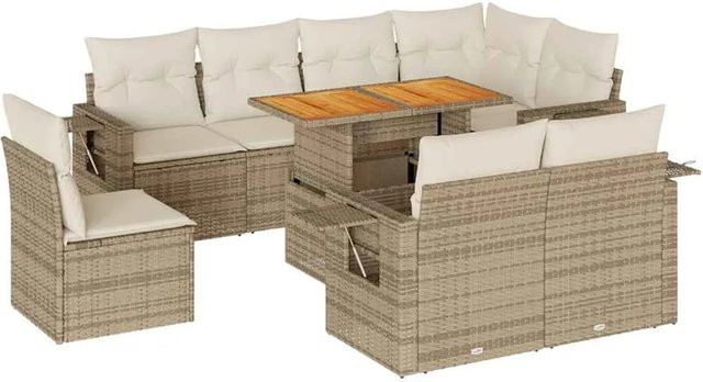 vidaXL 9-tlg. Garten-Sofagarnitur in L-Form aus Polyrattan mit Kissen und Couchtisch, Beige - Bild 1