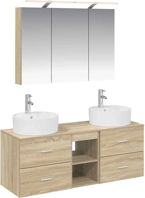 vidaXL Badezimmermöbel-Set 4-teilig in Sonoma-Eiche mit Glasfronten und LED-Beleuchtung, Farbe: Braun - Bild 1