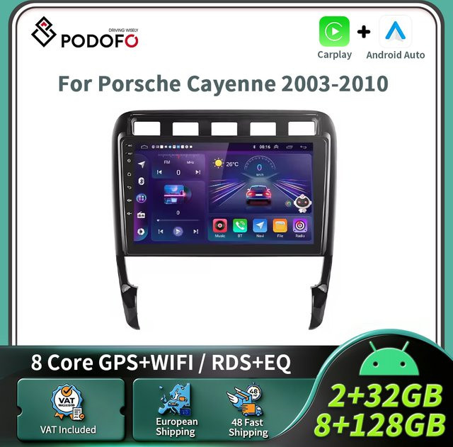 Podofo Wireless CarPlay und Android Auto Multimedia Radio mit GPS und Bluetooth für Porsche Cayenne 9PA 955 957 2002-2010 in Schwarz - Bild 1