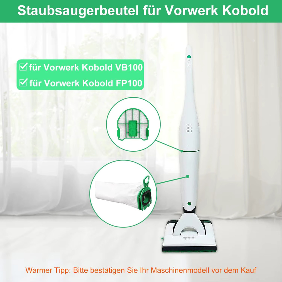 Staubsaugerbeutel und Motorschutzfilter passend für Vorwerk Kobold VB100 FP100 in Weiß - Bild 2