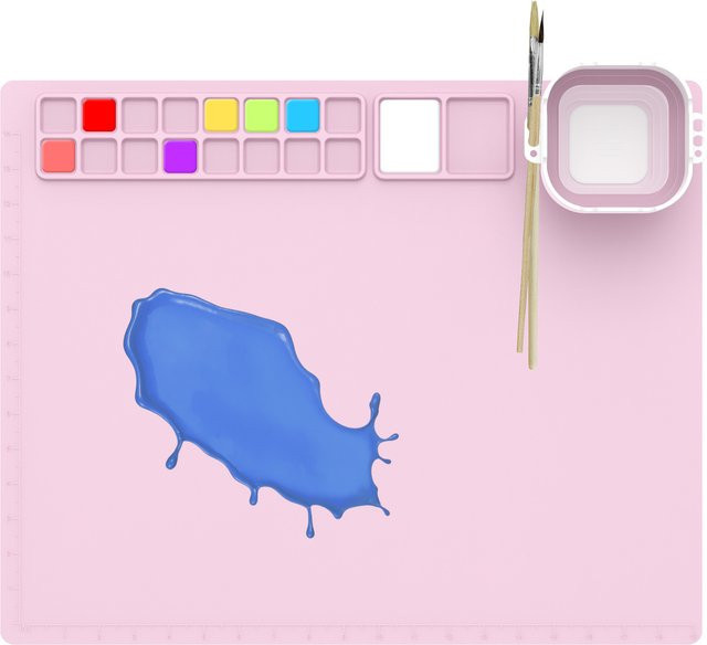 Silikon-Malmatten-Palette in Pink mit Farbtablett und abnehmbarem Wasserbecher, antihaftbeschichtete Künstlermatte für Kunstharzgießen und Malarbeiten - Bild 1