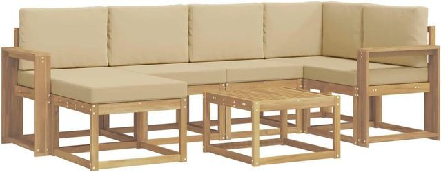 vidaXL Outdoor-Sofagarnitur 7-teilig aus Akazien-Massivholz in Weiß und Beige mit L-Form, Polsterung und Kissen für Garten und Terrasse - Bild 1