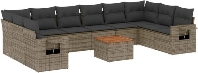 vidaXL 11-teilige Garten-Sofagarnitur aus Poly-Rattan und Akazienholz in Grau mit Kissen - Bild 1