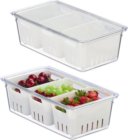 Relaxdays Kühlschrank Organizer 2er Set aus Kunststoff, transparent und weiß, stapelbar, B: 32 cm, T: 17,5 cm, H: 10 cm
