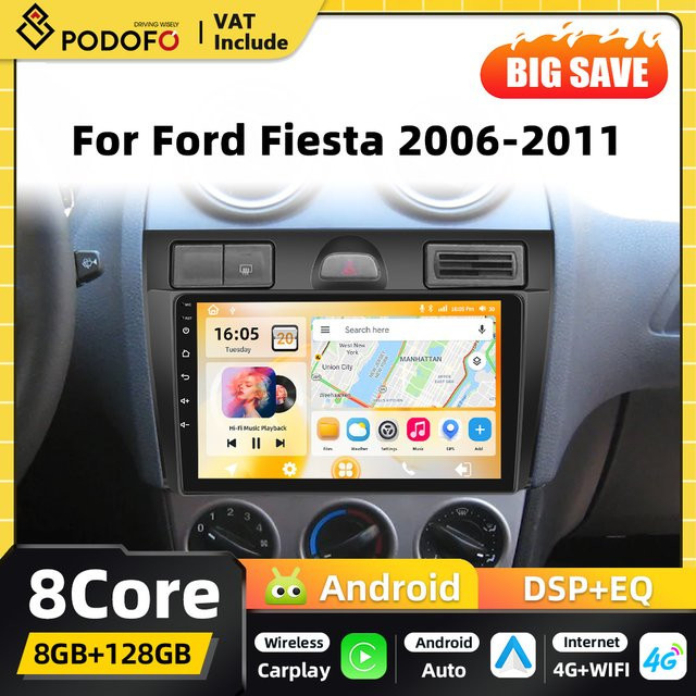 Podofo Android Autoradio für Ford Fiesta 2006-2011 mit 8GB+128GB Speicher, 2DIN Multimedia-Player mit Carplay, Android Auto, GPS, WIFI und DSP, Schwarz - Bild 1