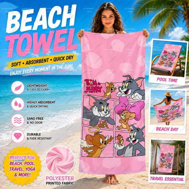 52TOYS Strandtuch aus Mikrofaser mit Tom & Jerry Comic Panel Design in Pink, schnell trocknend und saugfähig - Bild 1