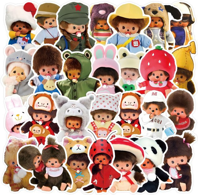 Bandai Monchhichi Aufkleber, 34-teiliges Set, wasserfest, groß - Bild 1