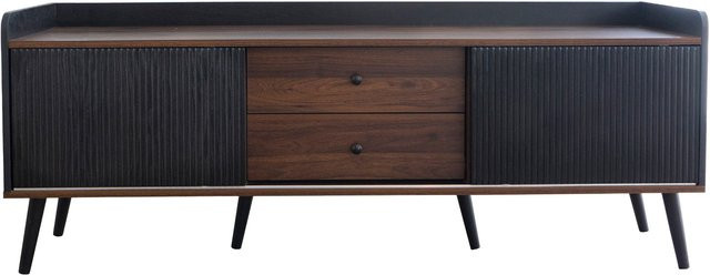 Aosom TV Schrank in Schwarz mit gestreiften Schiebetüren und 2 Schubladen, B/T/H: 160 x 40 x 58 cm - Bild 1