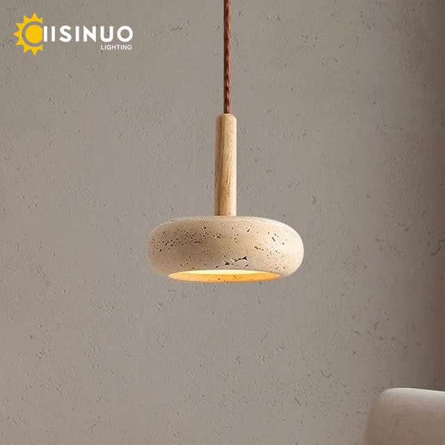 IISINUO Wabi Sabi Pendelleuchte aus Travertinstein und Holz in Gelb und Beige, runde minimalistische Deckenleuchte für Schlafzimmer und Flur - Bild 1
